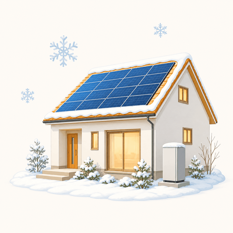 雪国の住宅と太陽光発電のイラスト